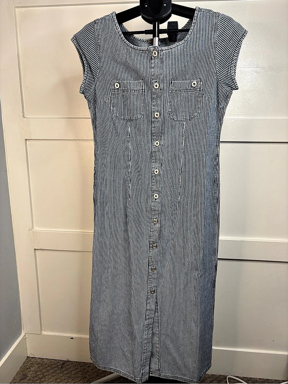Isabella Bird Striped Cotton Maxi Dress in Blue & White Size 10